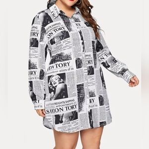 Plus Size Newspaper Print Shirt Dress Marilyn Style Graphic Button Front